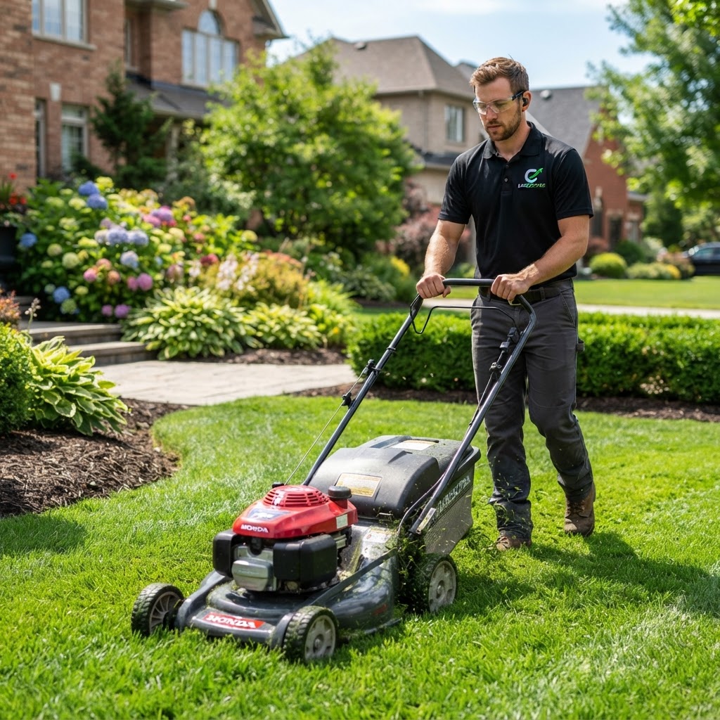 Landscaping contractor in branded Contractor Optimize polo at work