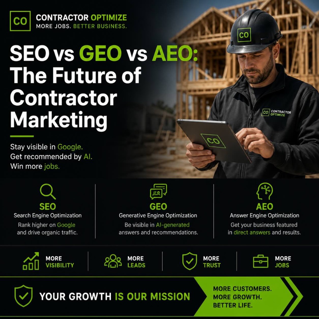 Contractor Optimize infographic comparing SEO, GEO, and AEO for contractor marketing