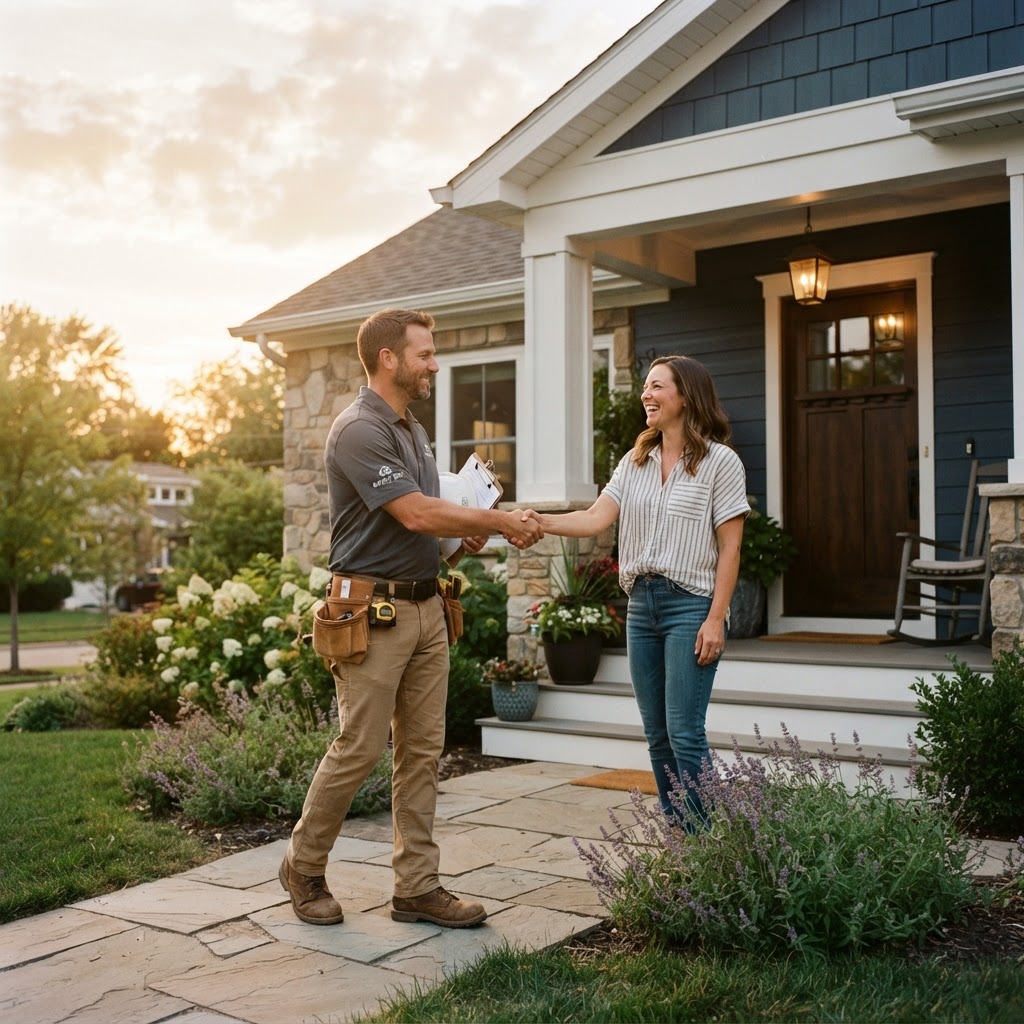 Contractor walking toward a finished home to a smiling customer