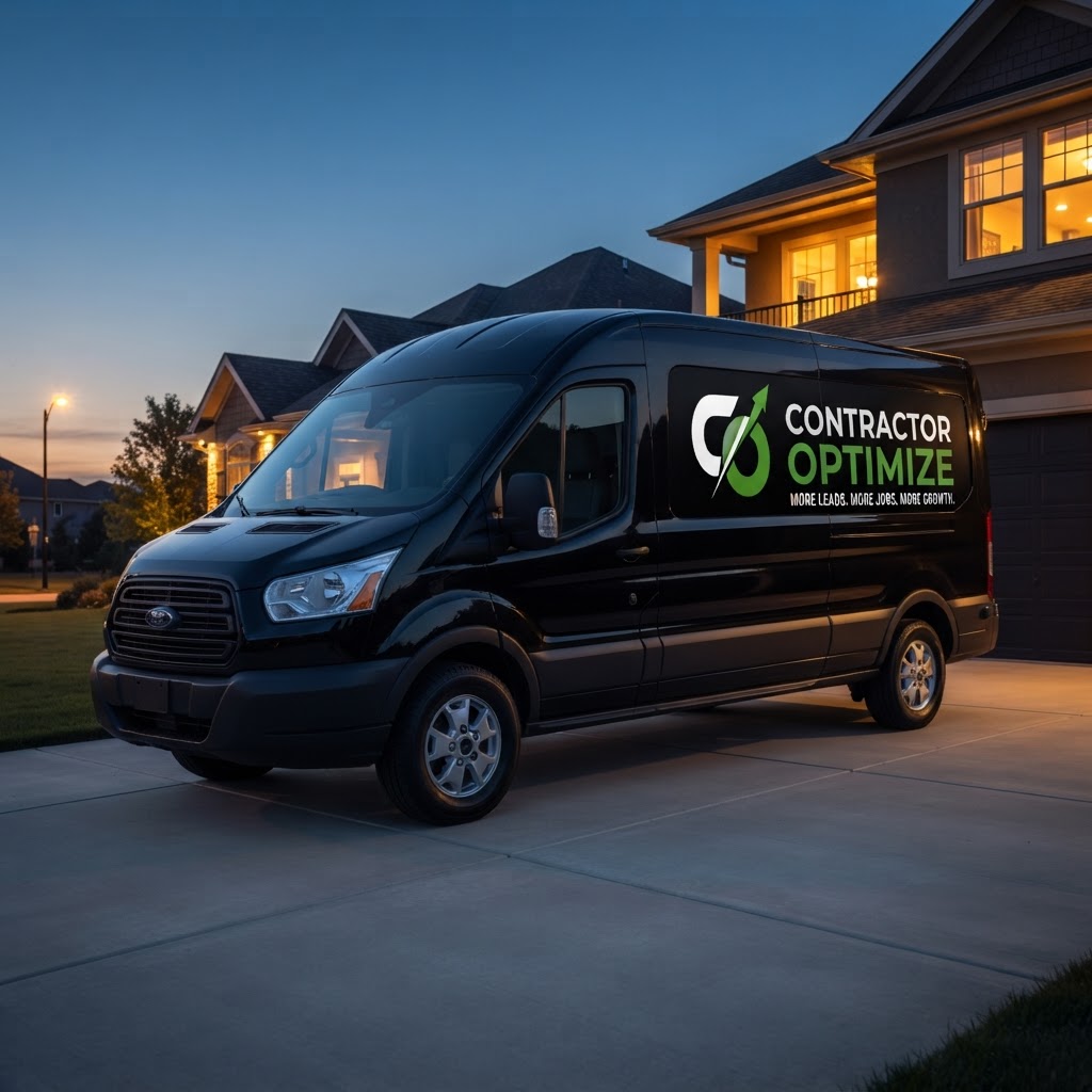 Black Contractor Optimize branded van with logo parked in an upscale neighborhood at sunset