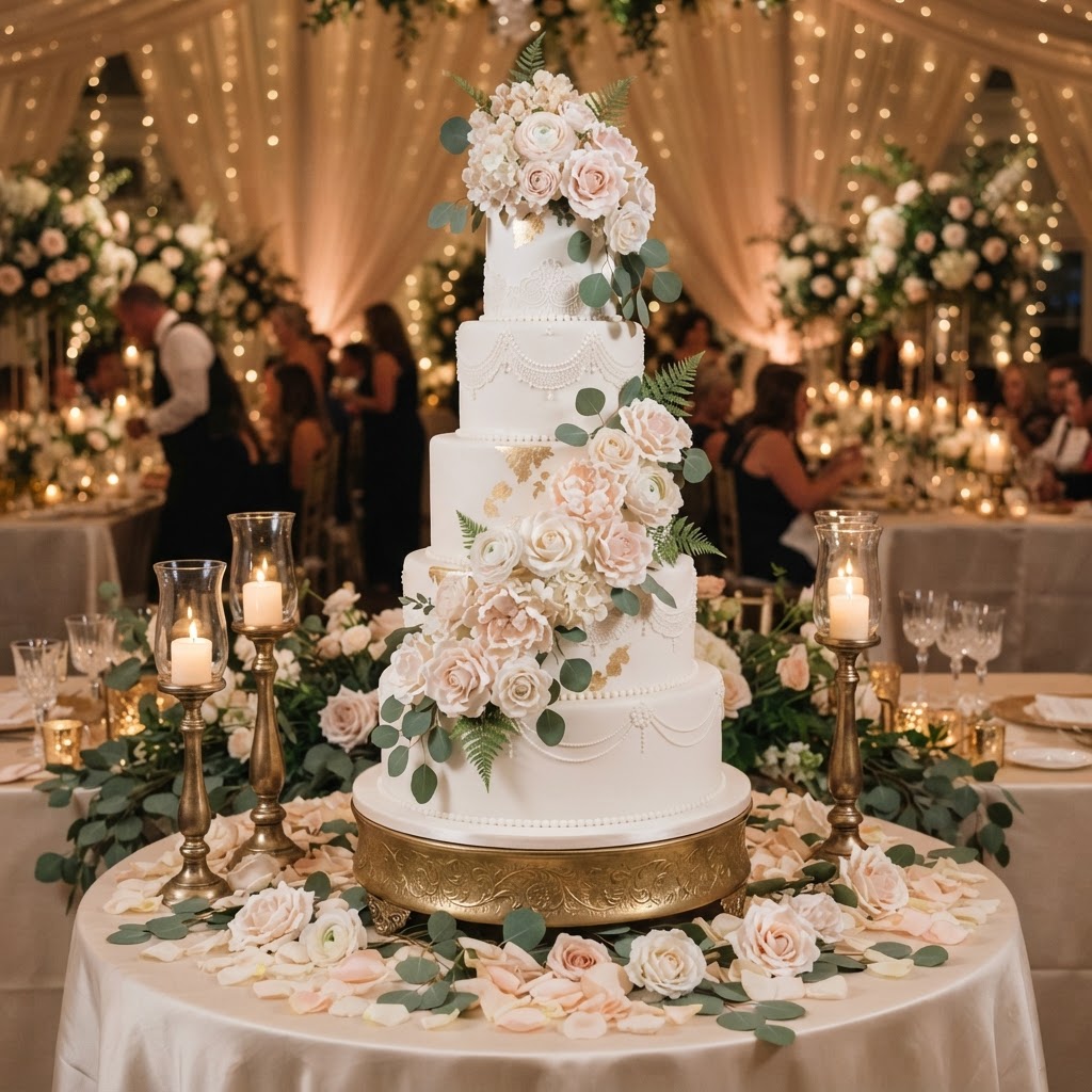 Elegant multi-tiered wedding cake at a luxury reception