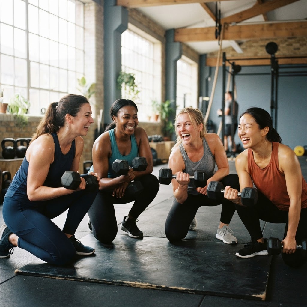 Four friends training together in a bright studio