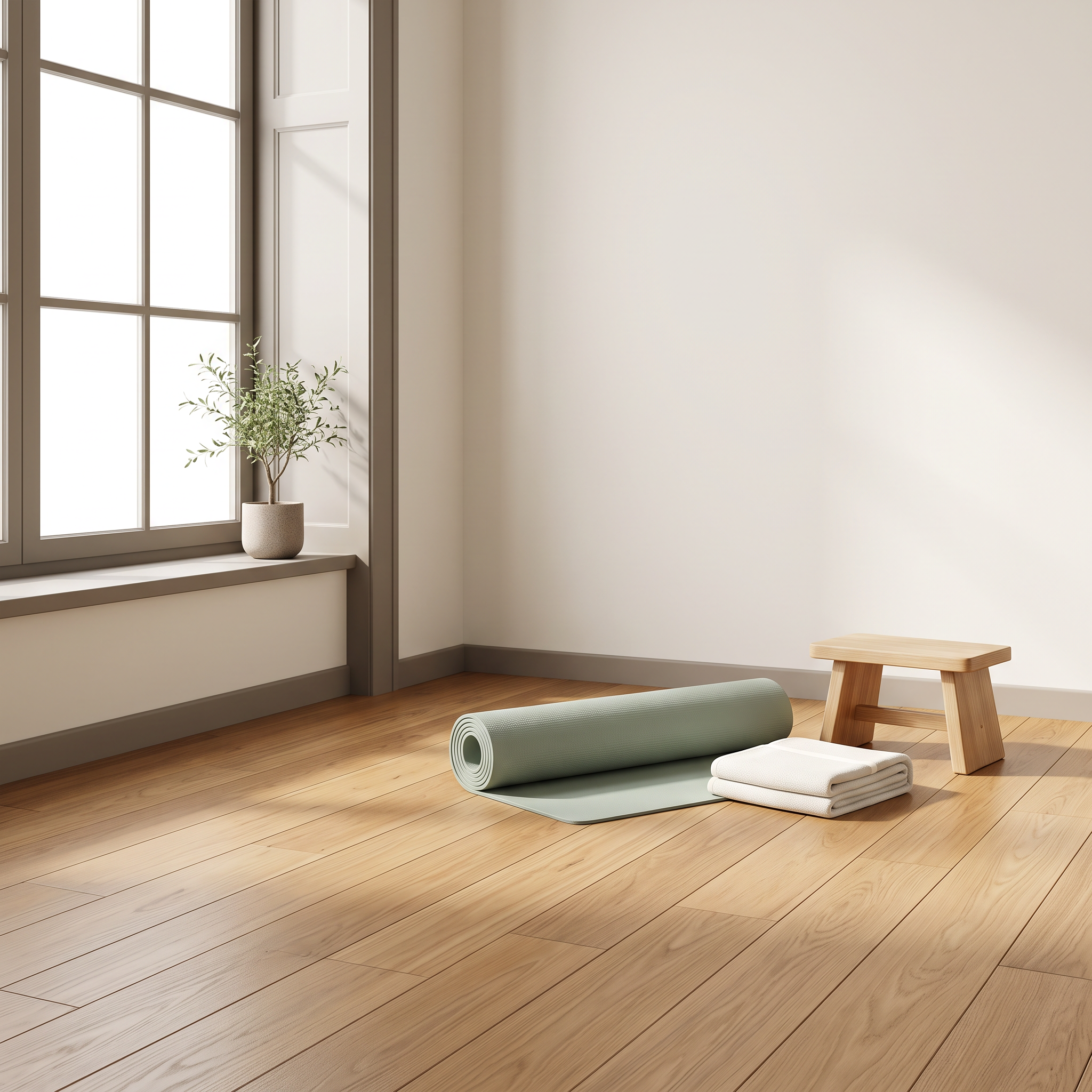 A quiet, sunlit studio corner with a rolled yoga mat, folded towel and low stool — the postpartum conditioning space at Hartter Chiropractic & Wellness