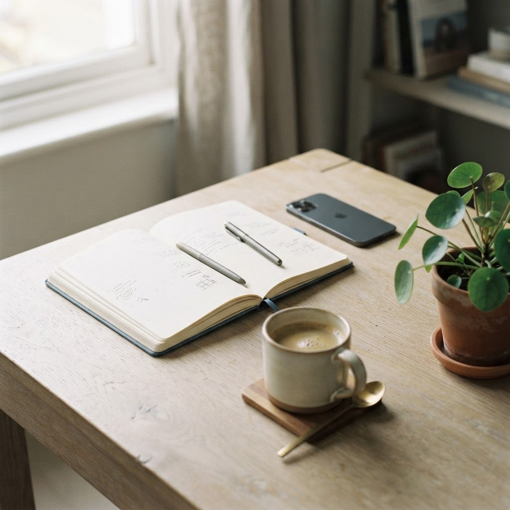 A planner and phone on a desk, ready to book the next visit