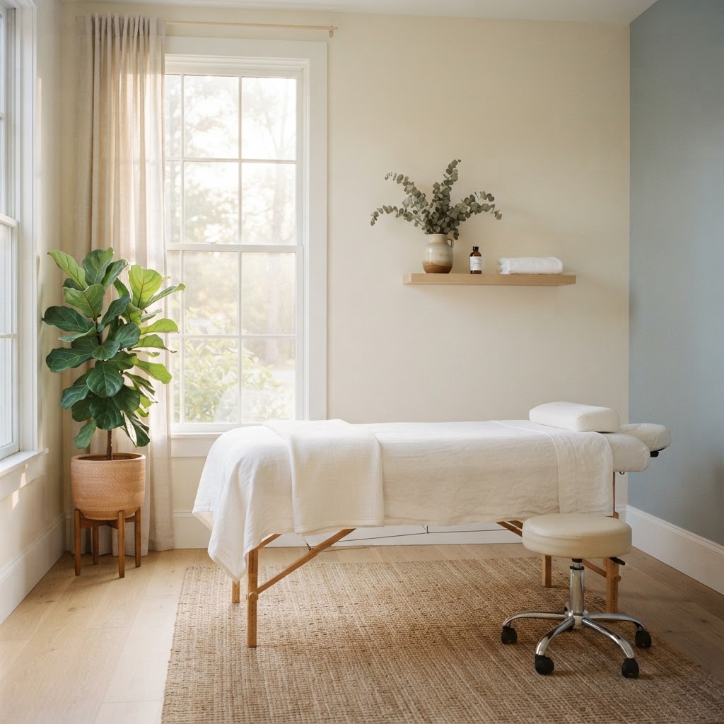 A calm, sunlit treatment room at Hartter Chiropractic & Wellness