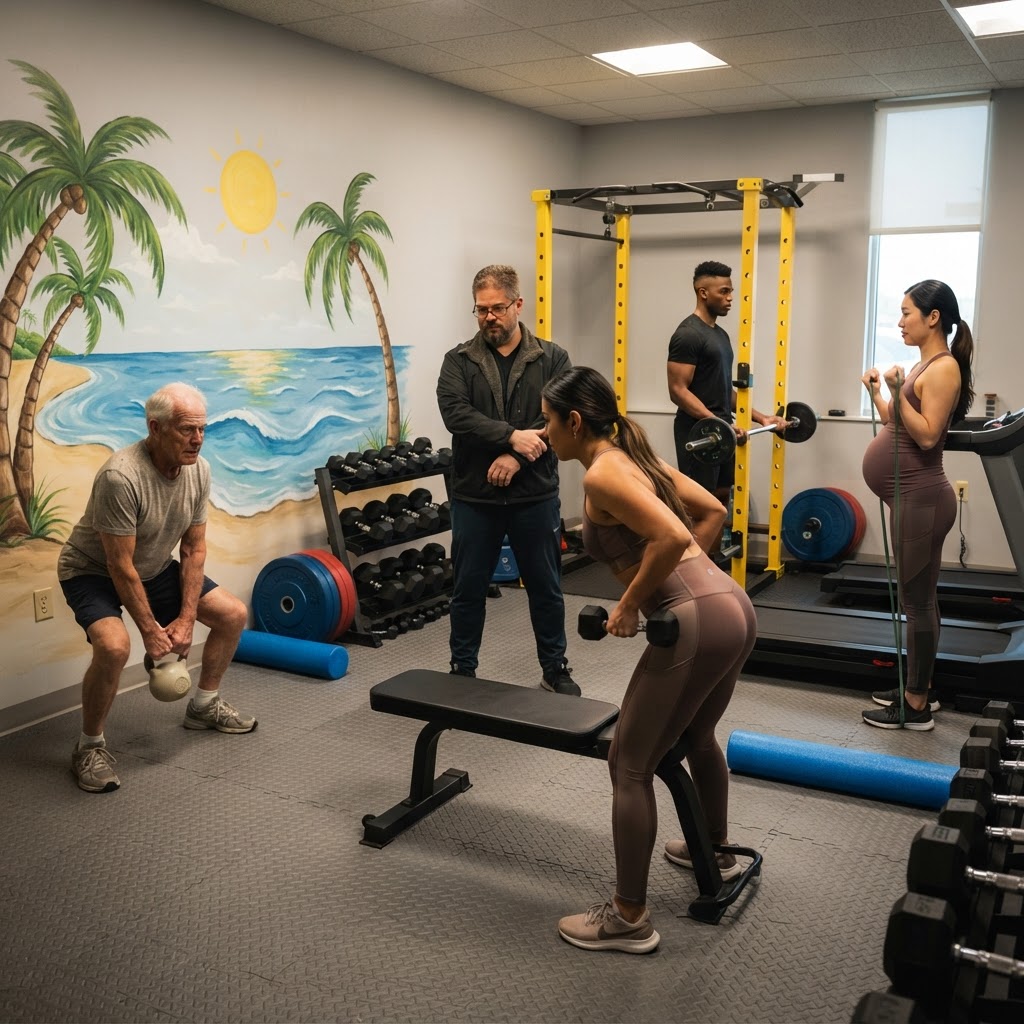 Coach Steve Lopes training a small group of four in the Steel Room at Hartter Chiropractic & Wellness in Rochester NY