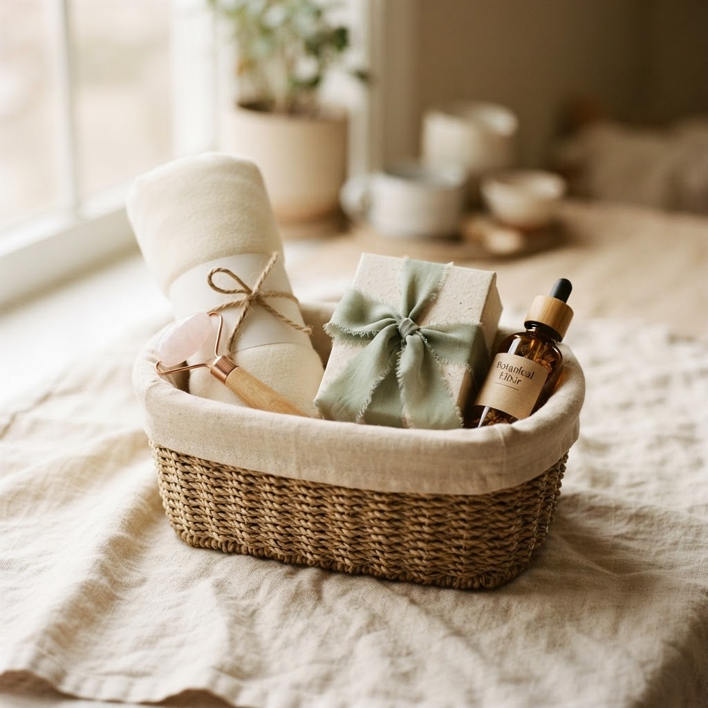 A wellness prize basket with a massager, pillow, and wrapped gift