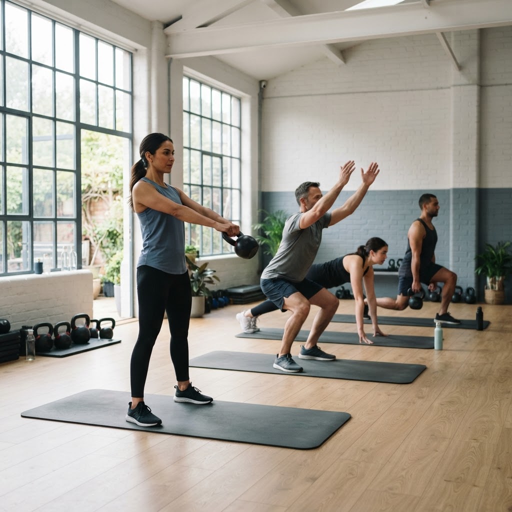 A small group training session in a bright studio