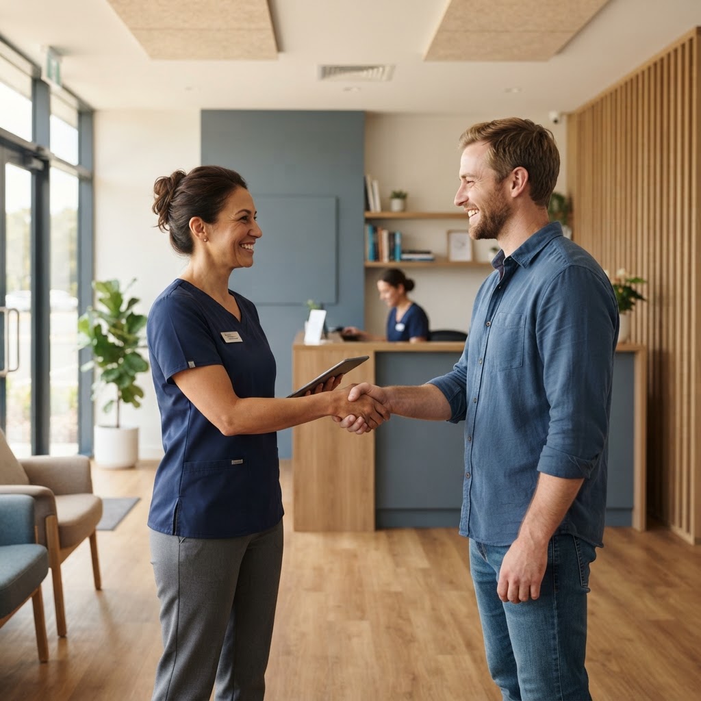 A chiropractor greeting a smiling patient in the clinic