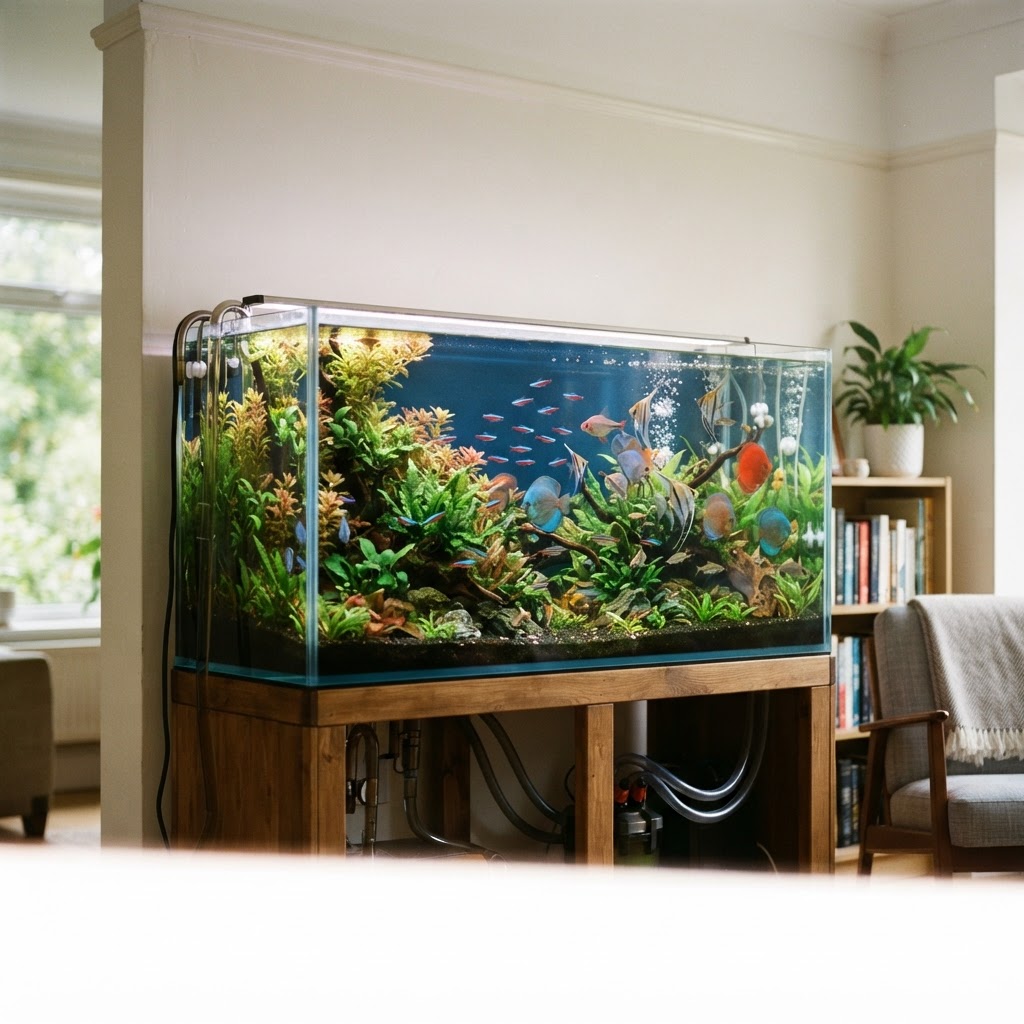 A planted freshwater aquarium with colorful tropical fish