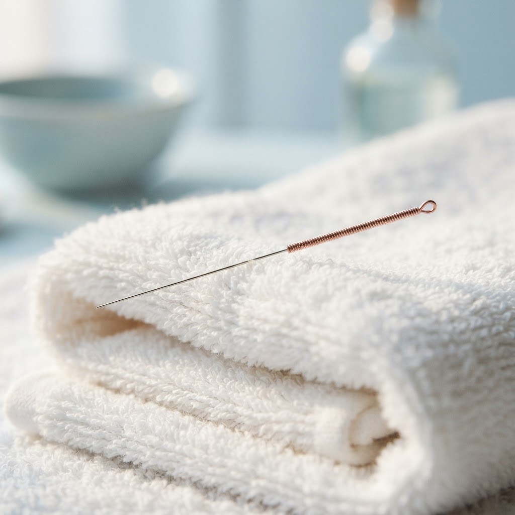 A single fine acupuncture needle on a soft white towel