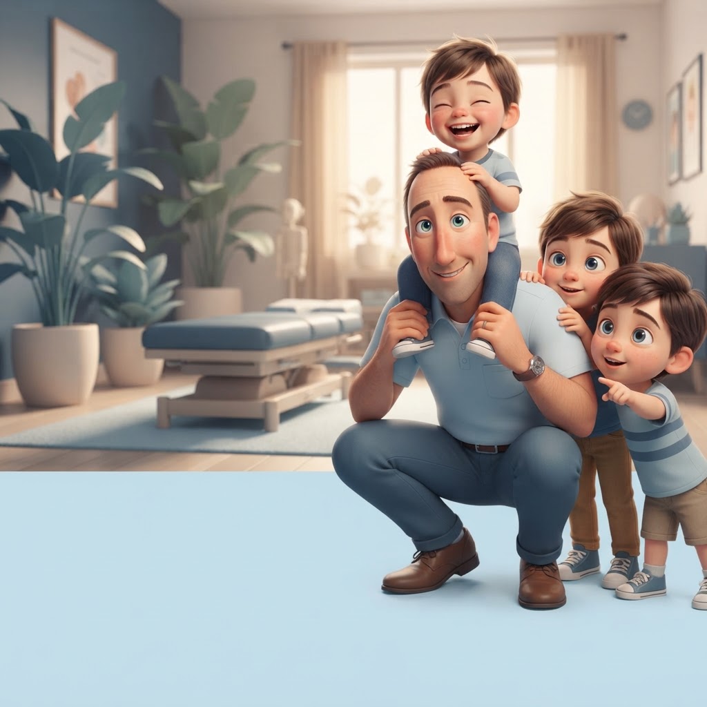 Illustration of Dr. Scott Hartter crouched with his three laughing sons in the office