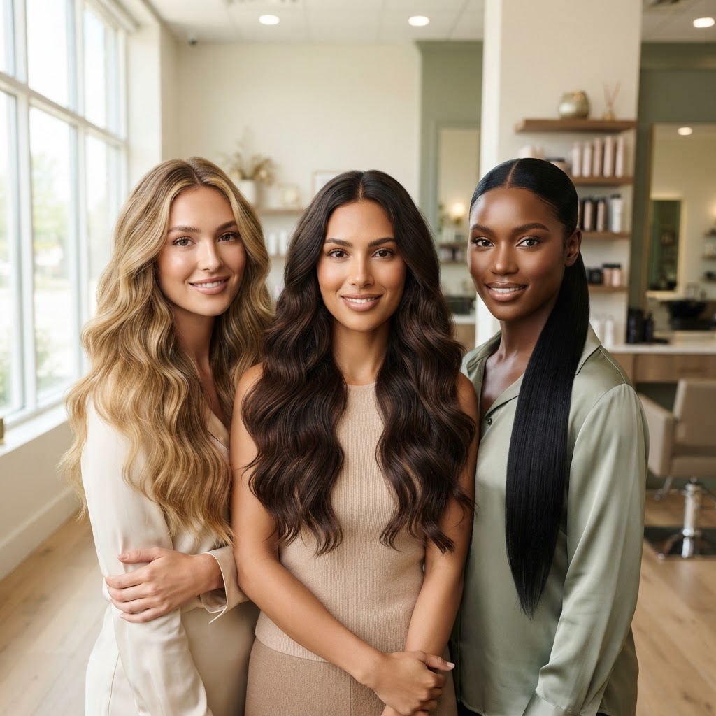 Three women with different hair textures and extension styles at our Hair Extension Room, Rochester NY