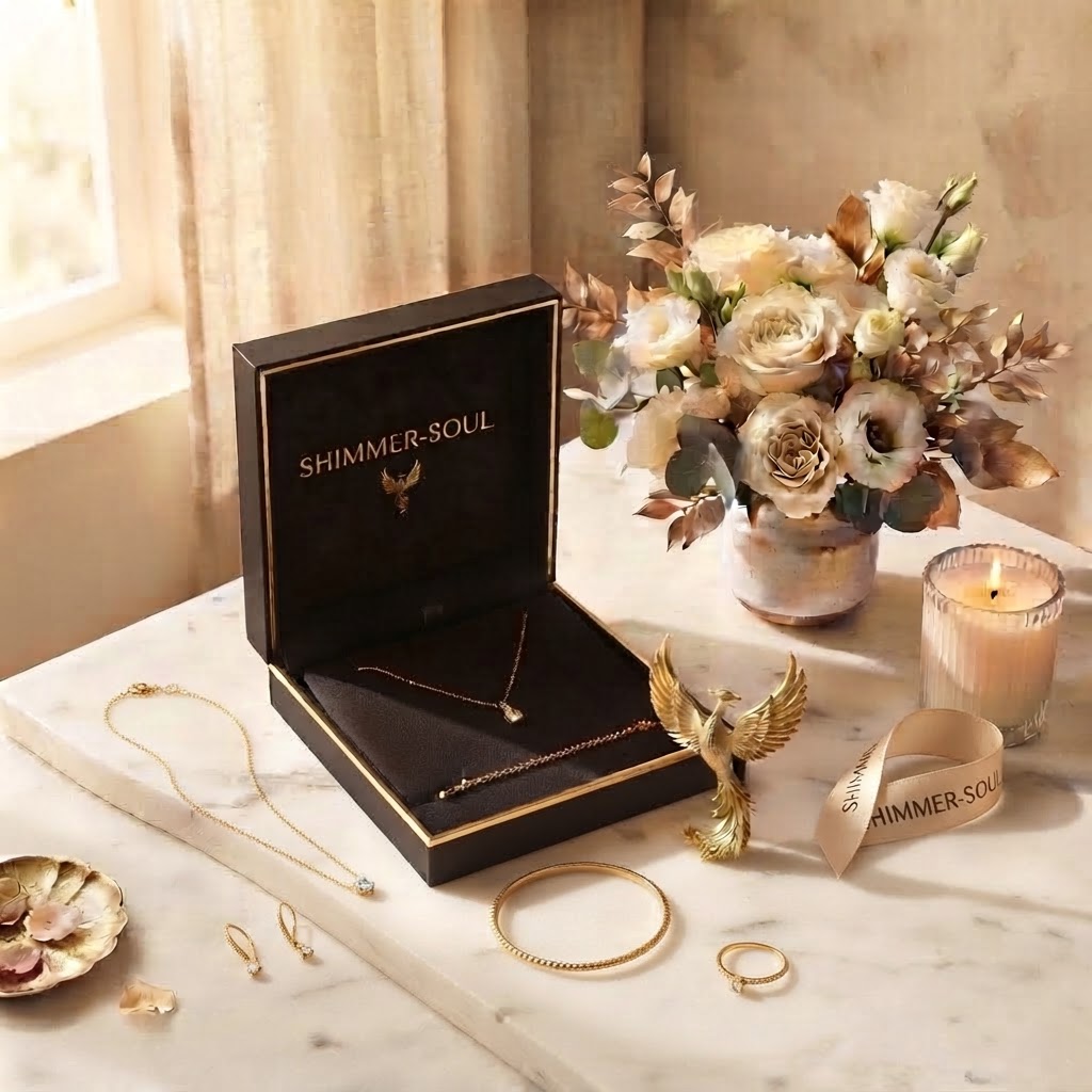 Shimmer-soul luxury gift hamper in a sun-drenched minimalist room