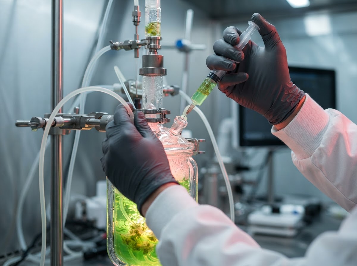 Scientist working with bioreactor in clean room
