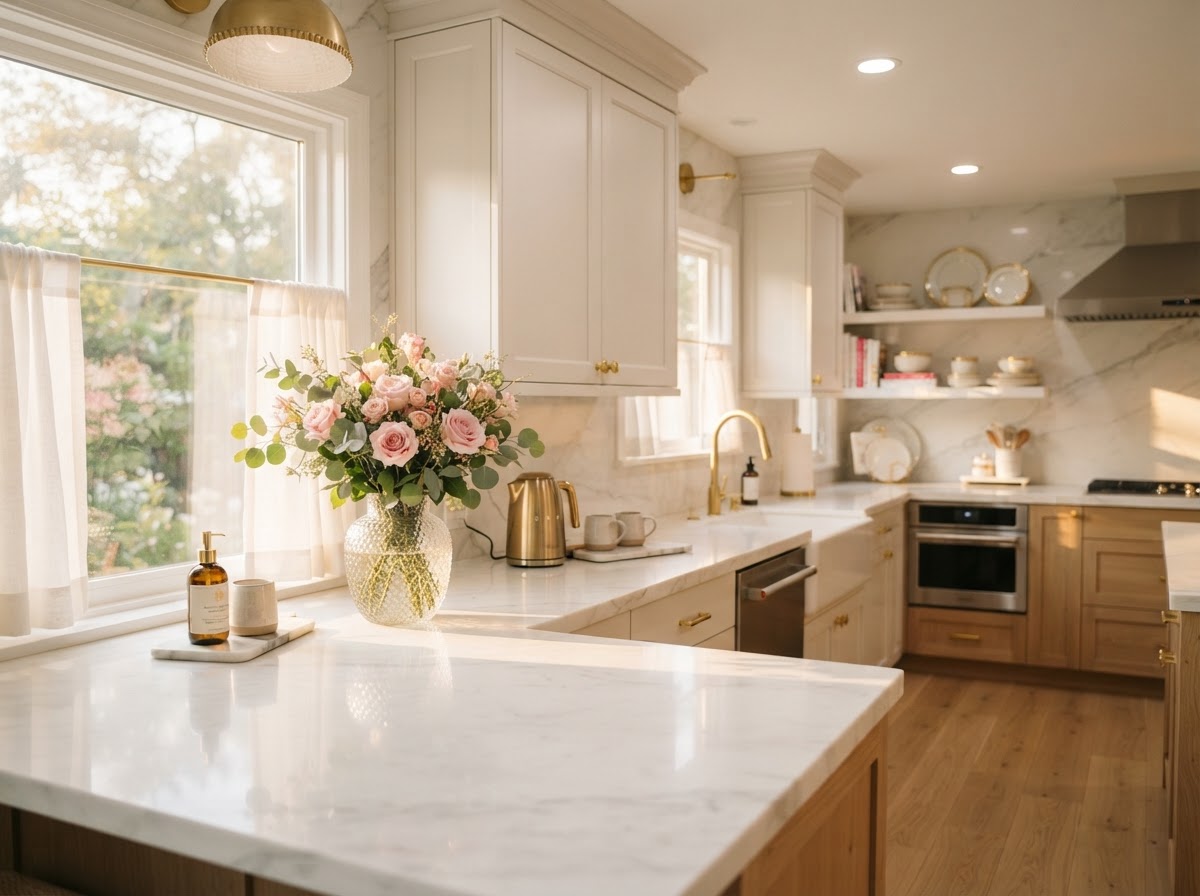 Sparkling clean kitchen with gold fixtures and pink floral accents