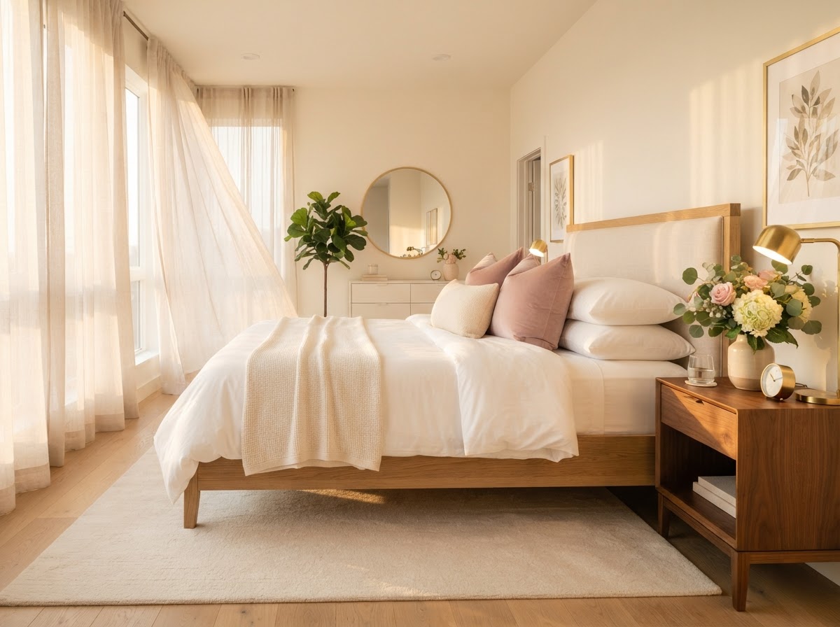 Beautifully made bed in bright airy bedroom