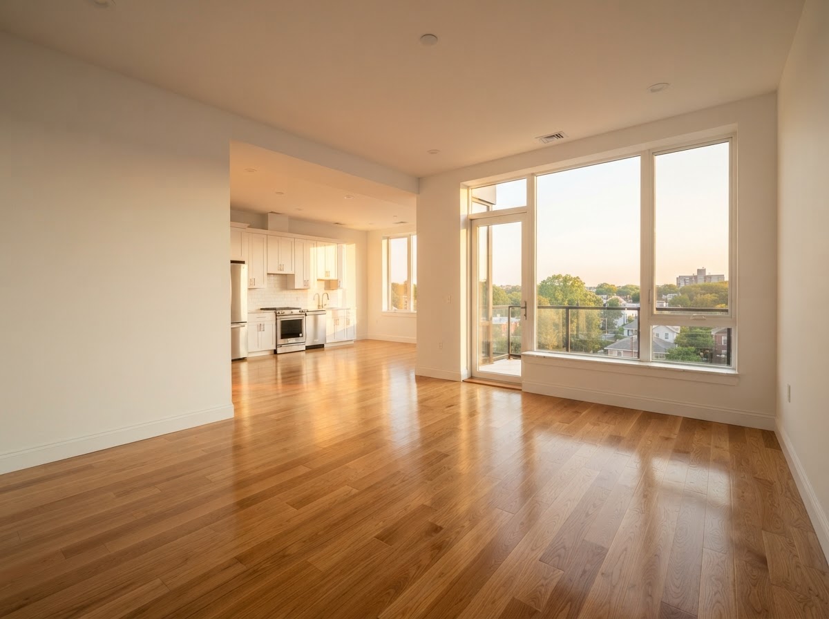 Empty apartment with gleaming floors ready for move-in