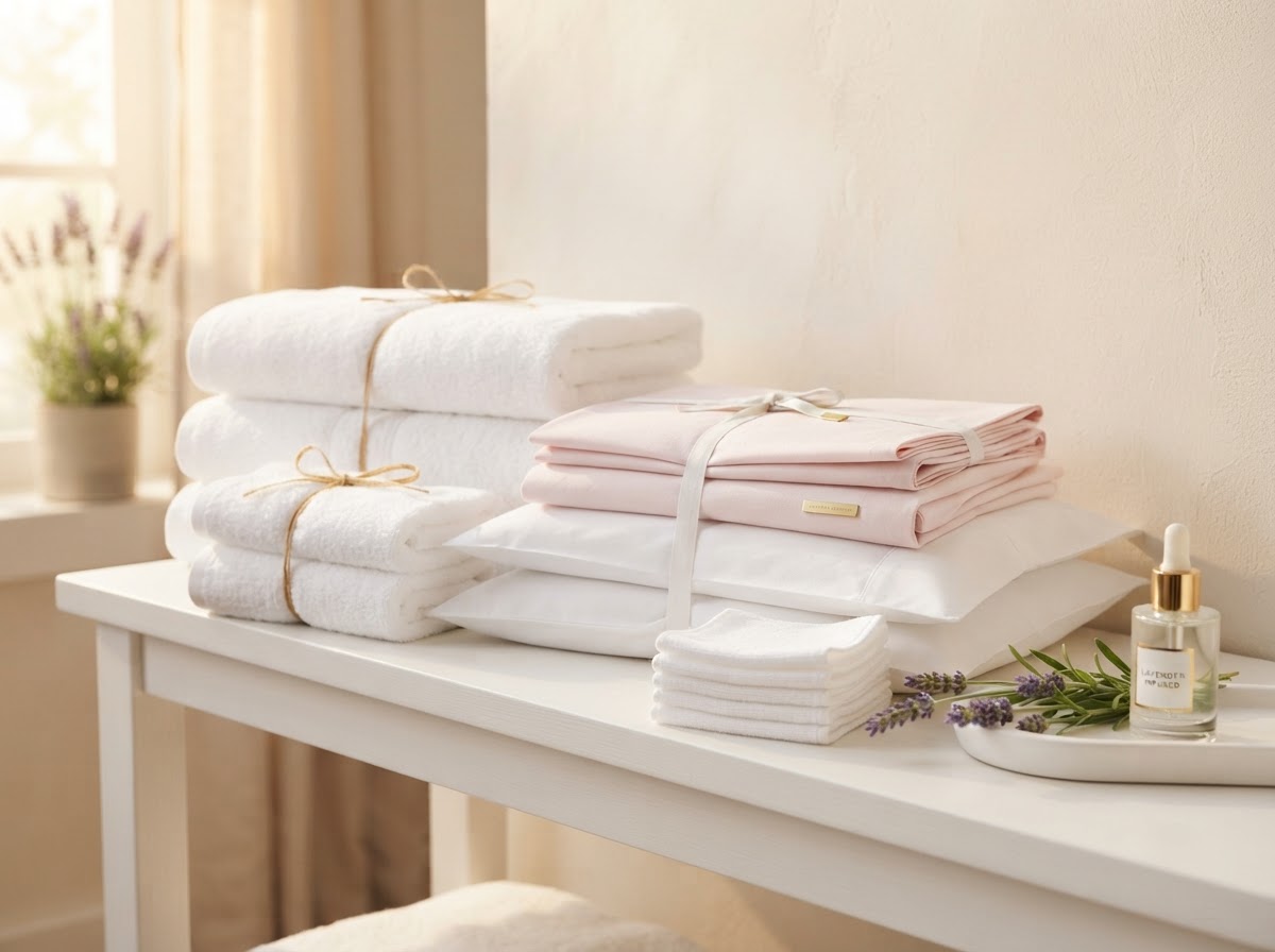 Neatly folded fresh towels and linens from laundry service