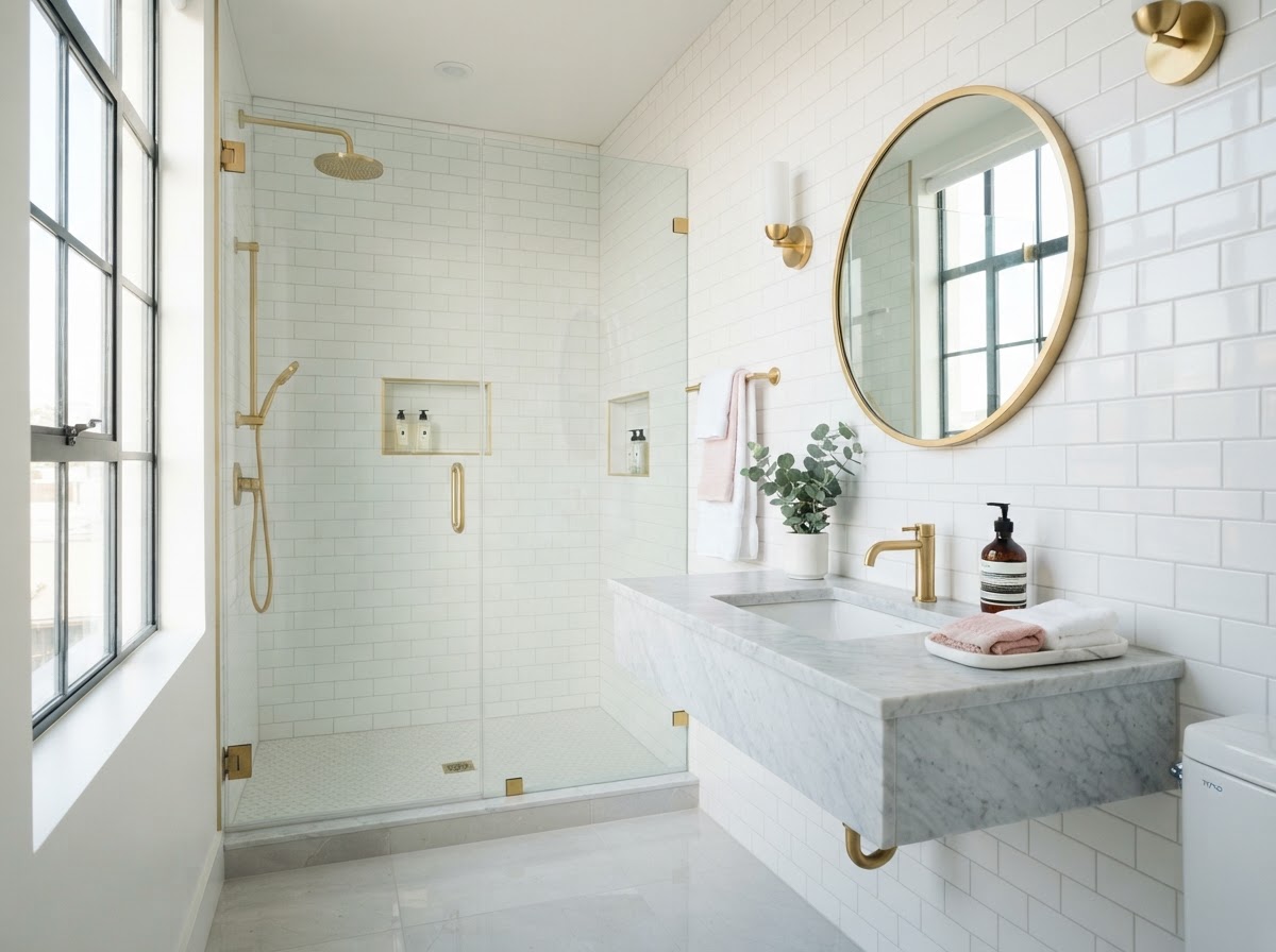 Pristine sparkling clean modern bathroom with gold hardware