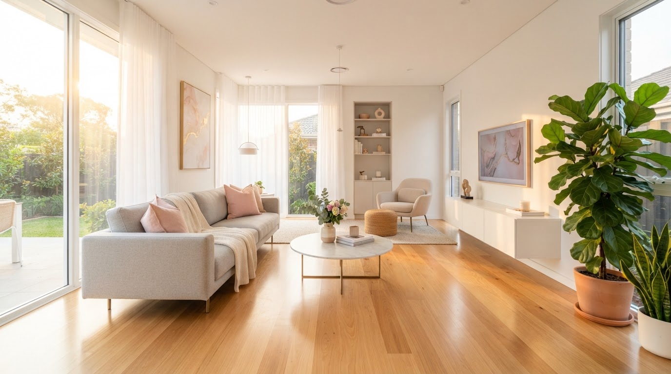 Bright, pristine living room with clean surfaces catching golden light