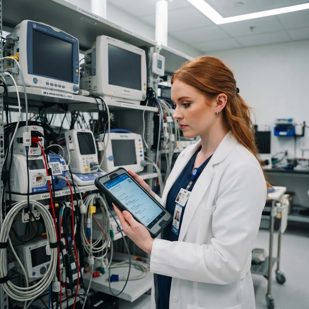Biomedical engineer scanning medical equipment and cables with a tablet