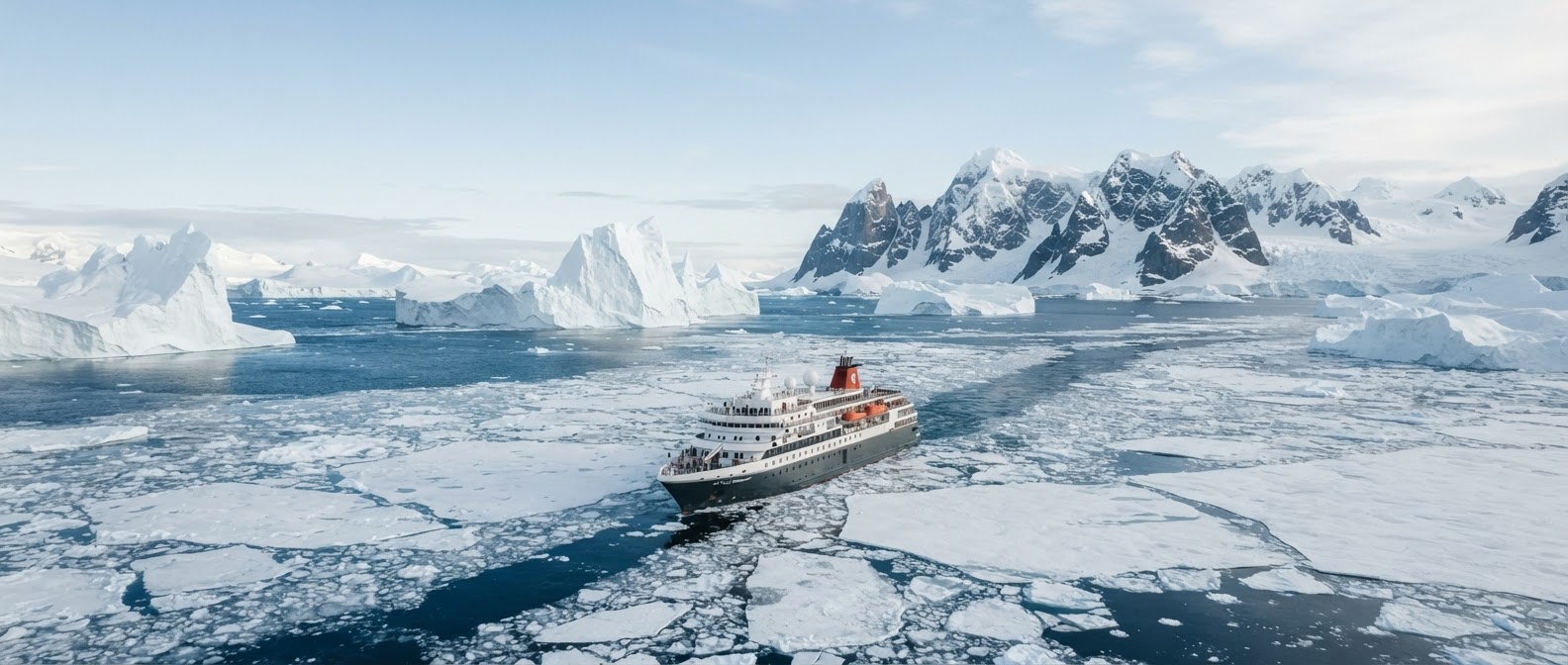 Expedition vessel breaking through polar sea ice