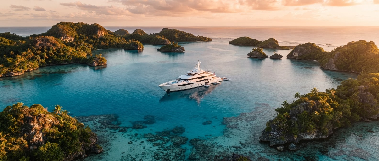 Luxury yacht anchored in a turquoise tropical lagoon at golden hour