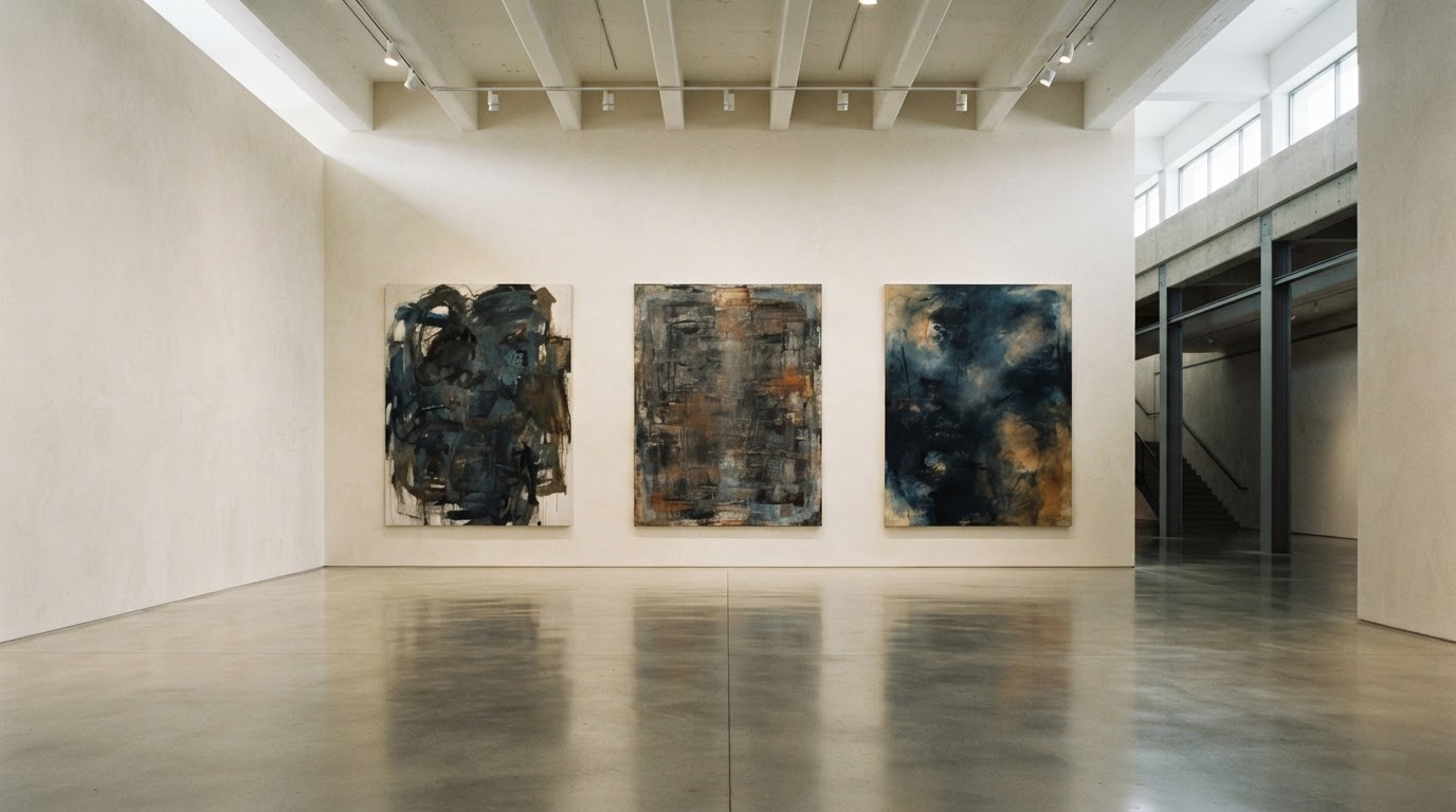 A wide gallery shot showing a solo exhibition of large abstract paintings in a high-ceilinged contemporary art space with polished concrete floor