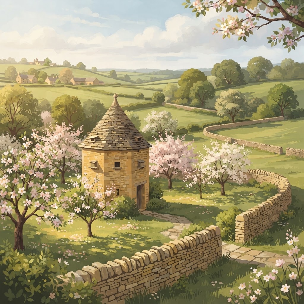 Illustration of scenic Cotswold countryside with rolling hills and golden limestone architecture