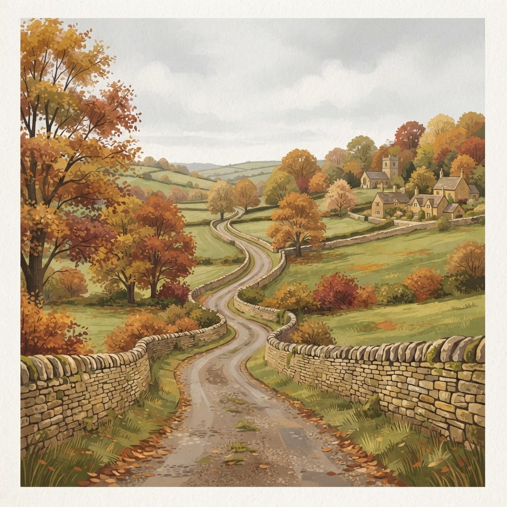 Illustration of scenic Cotswold countryside with rolling hills and golden limestone architecture