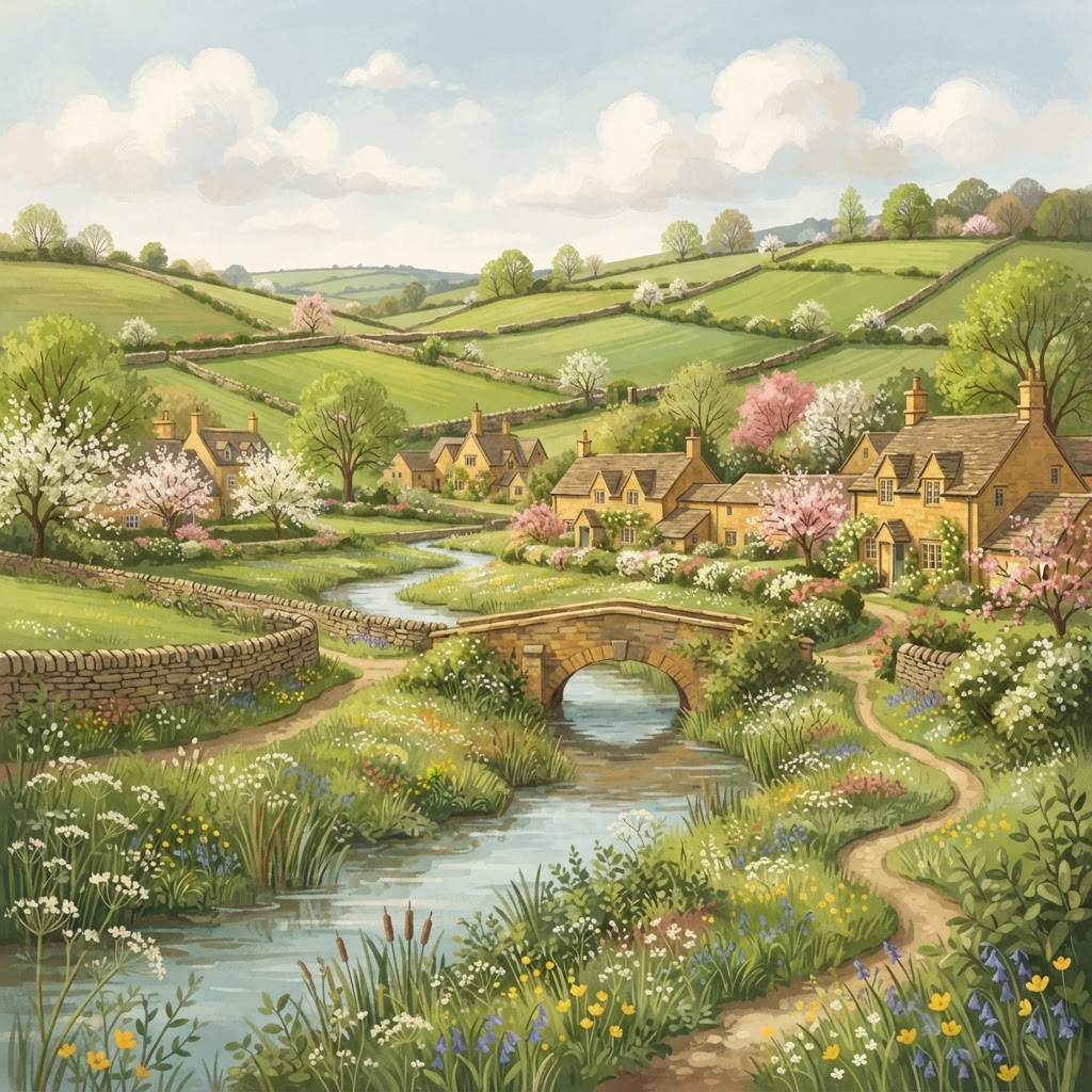 Illustration of a scenic Cotswold landscape with rolling hills and golden limestone architecture for itinerary planning
