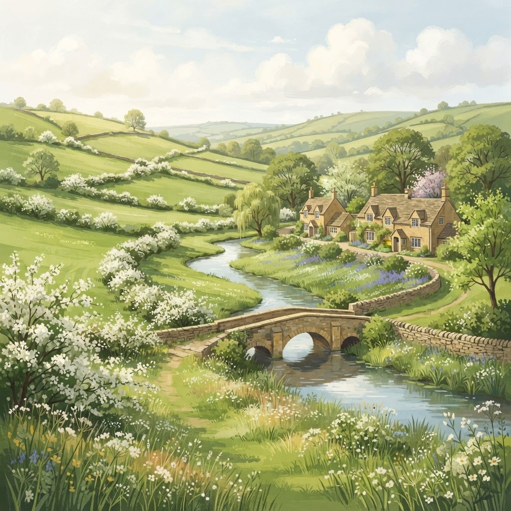Illustration of scenic Cotswold countryside with rolling hills and golden limestone architecture for Cotswold travel advice