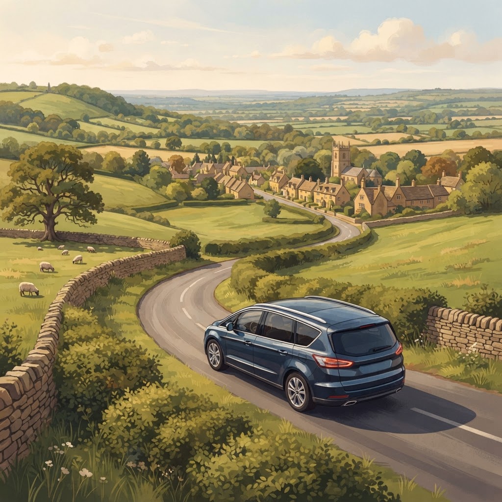 Illustration of a luxury MPV in a Cotswold setting for group and family transfers with luggage