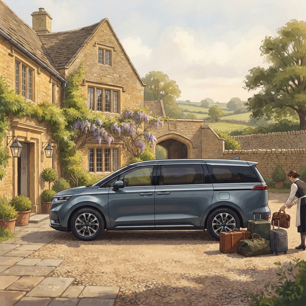 Illustration of a luxury MPV in a Cotswold setting for group and family transfers with luggage