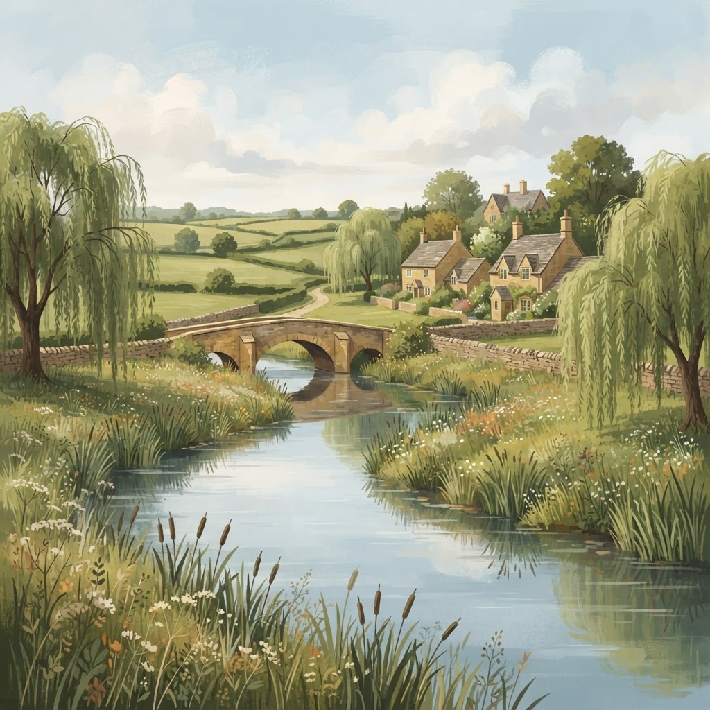 Illustration of Cotswold countryside with honey-coloured stone villages and rolling hills for Cotswold travel planning