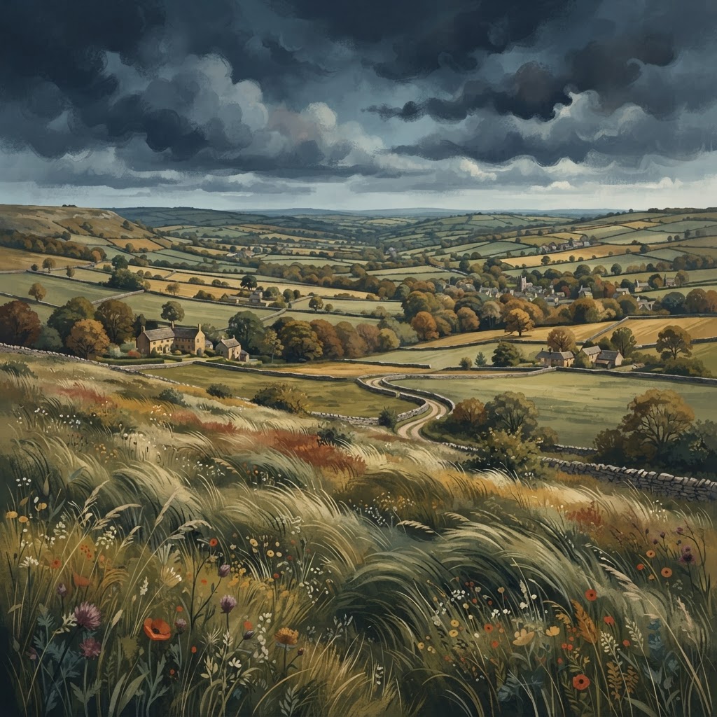 Illustration of Cotswold countryside with honey-coloured stone villages and rolling hills for Cotswold travel planning