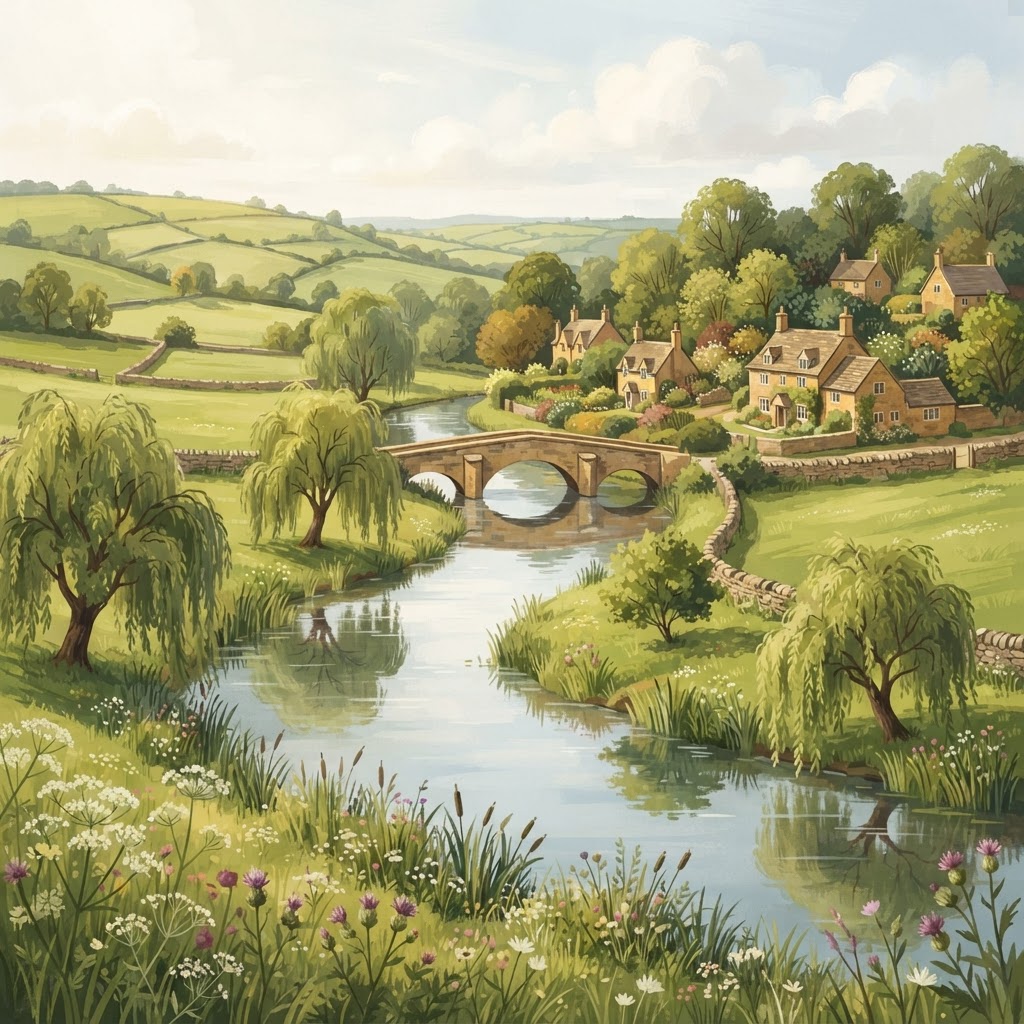 Illustration of a scenic Cotswold landscape with rolling hills and golden limestone architecture for itinerary planning