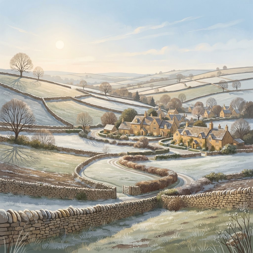 Illustration of scenic Cotswold countryside with rolling hills and golden limestone architecture
