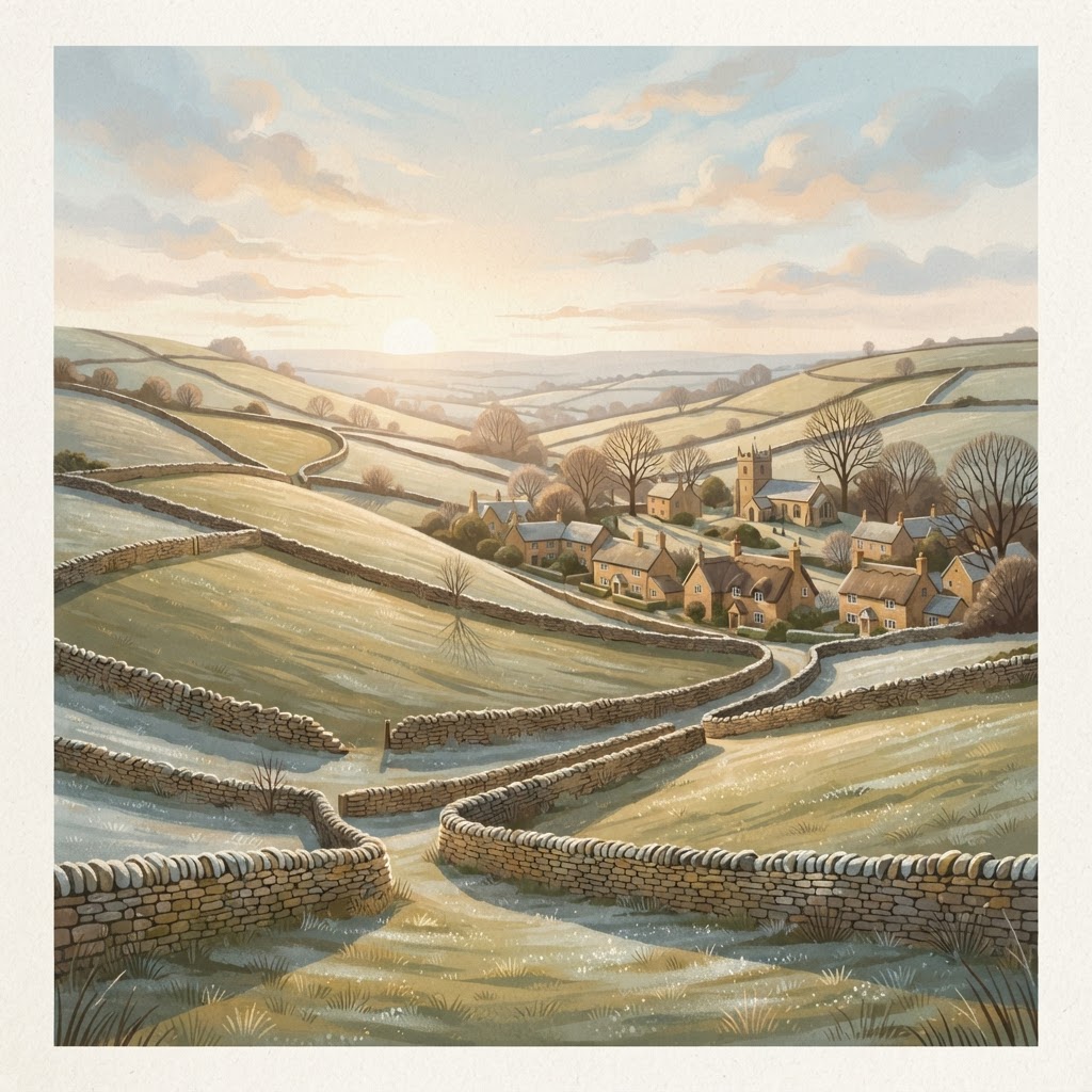 Illustration of scenic Cotswold countryside with rolling hills and golden limestone architecture