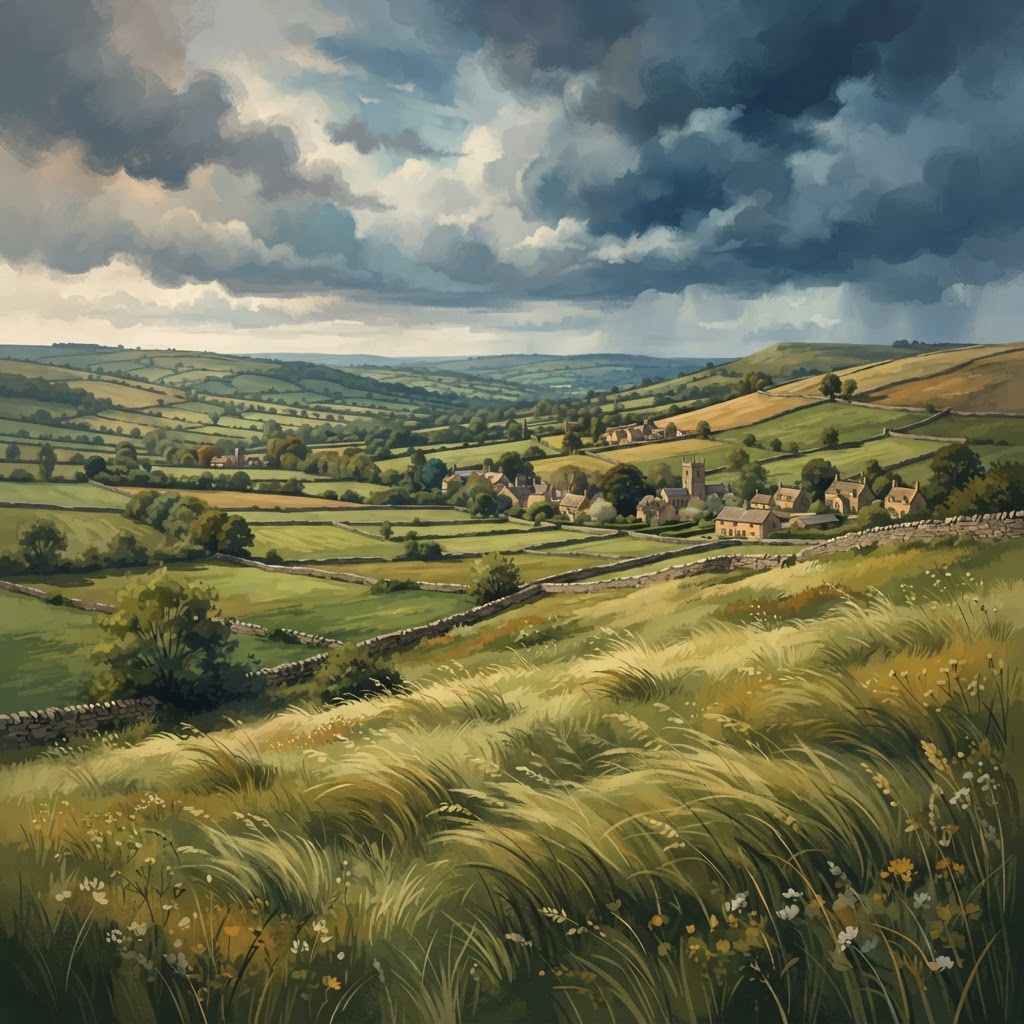 Illustration of Cotswold countryside with honey-coloured stone villages and rolling hills for Cotswold travel planning