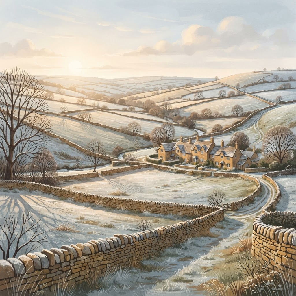 Illustration of scenic Cotswold countryside with rolling hills and golden limestone architecture for Cotswold travel advice