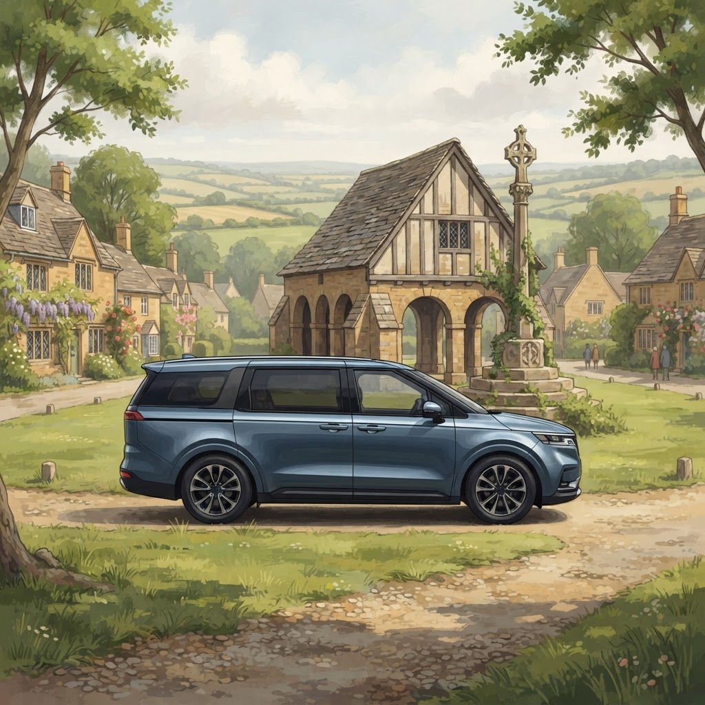 Illustration of a chauffeur-driven luxury car for cruise terminal transfers to the Cotswolds from Southampton