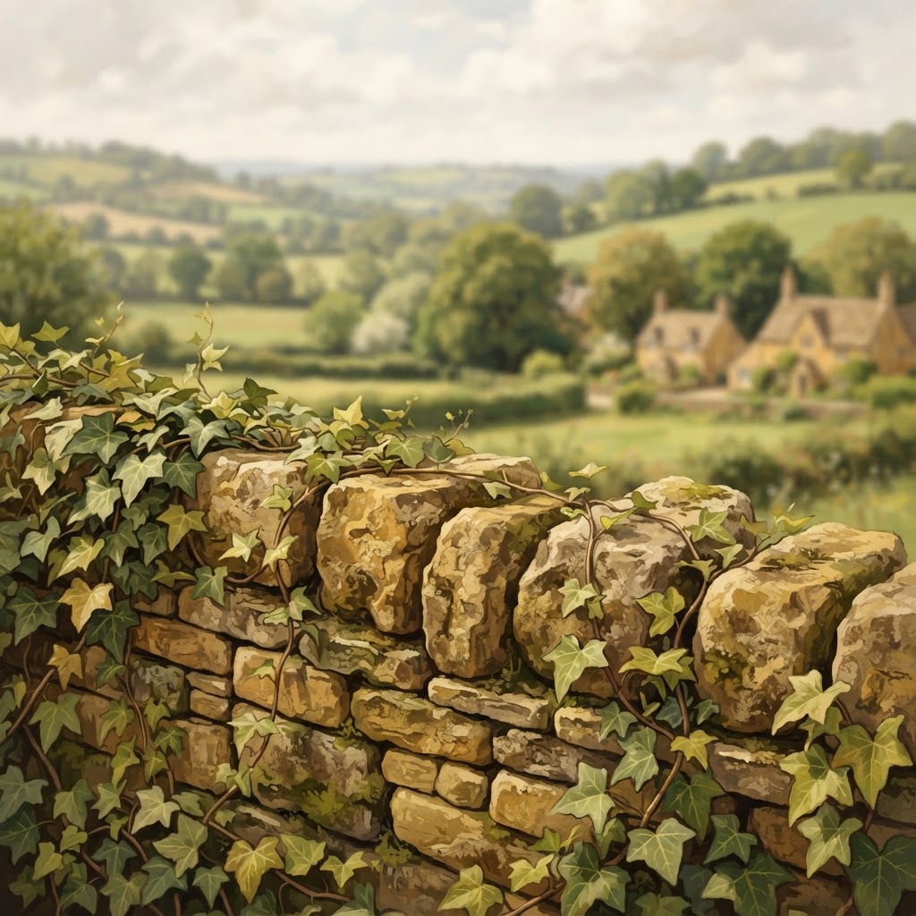 Illustration of scenic Cotswold countryside with rolling hills and golden limestone architecture
