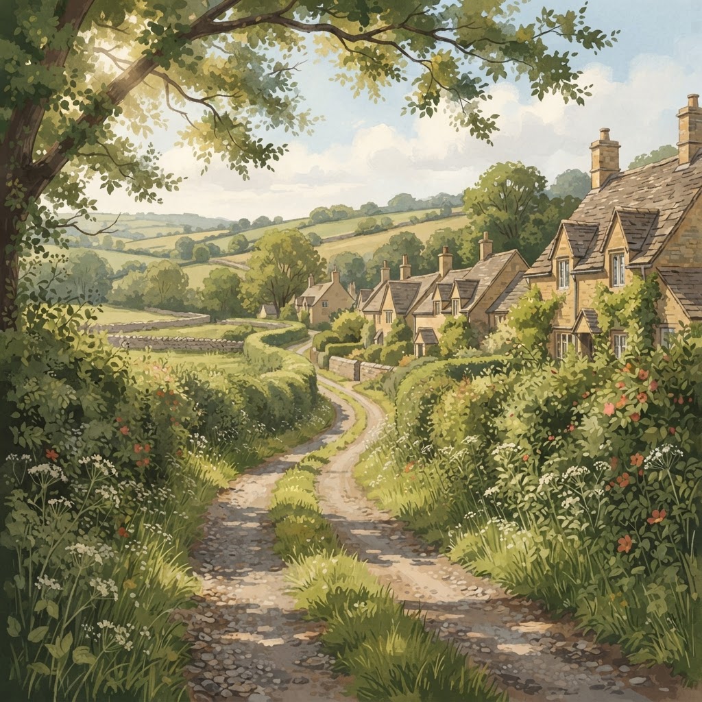 Illustration of a traditional Cotswold stone village in the English countryside for visitors exploring the region