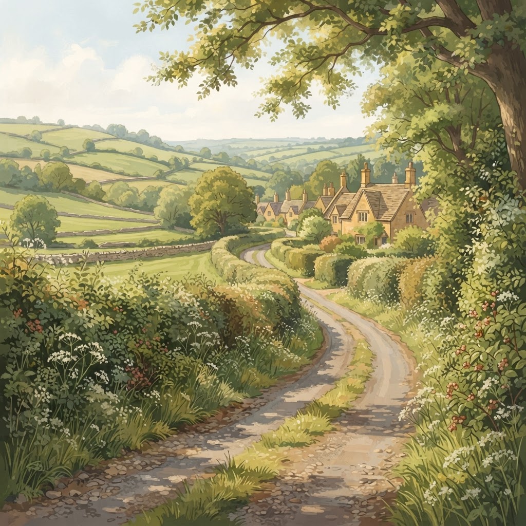 Illustration of Cotswold countryside with honey-coloured stone villages and rolling hills for Cotswold travel planning