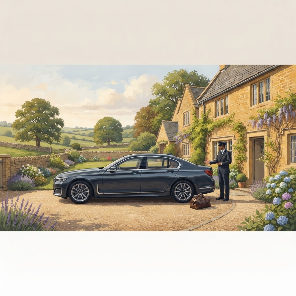 Illustration of a Cotswold chauffeur luxury car for private transfers in the Cotswolds