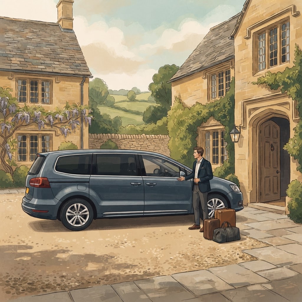 Illustration of a Cotswold chauffeur luxury car for private transfers in the Cotswolds