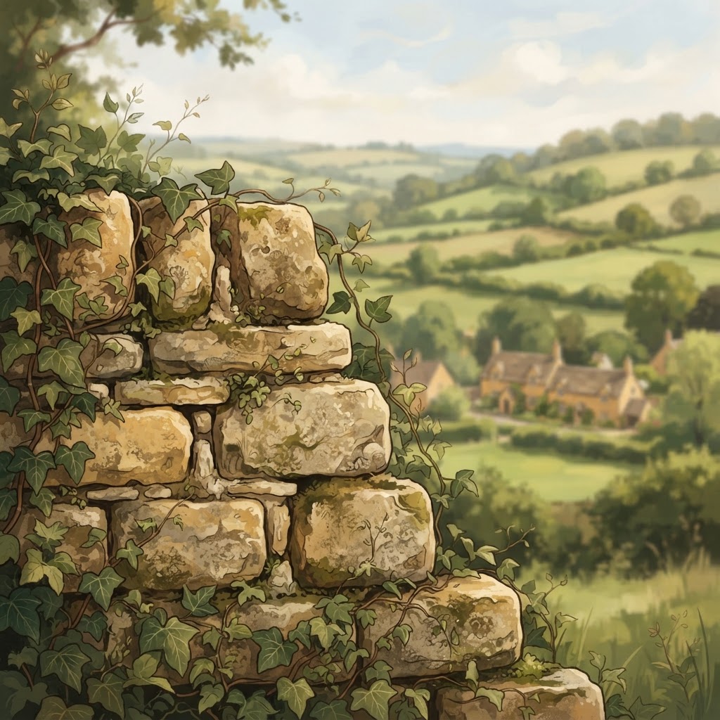 Illustration of scenic Cotswold countryside with rolling hills and golden limestone architecture