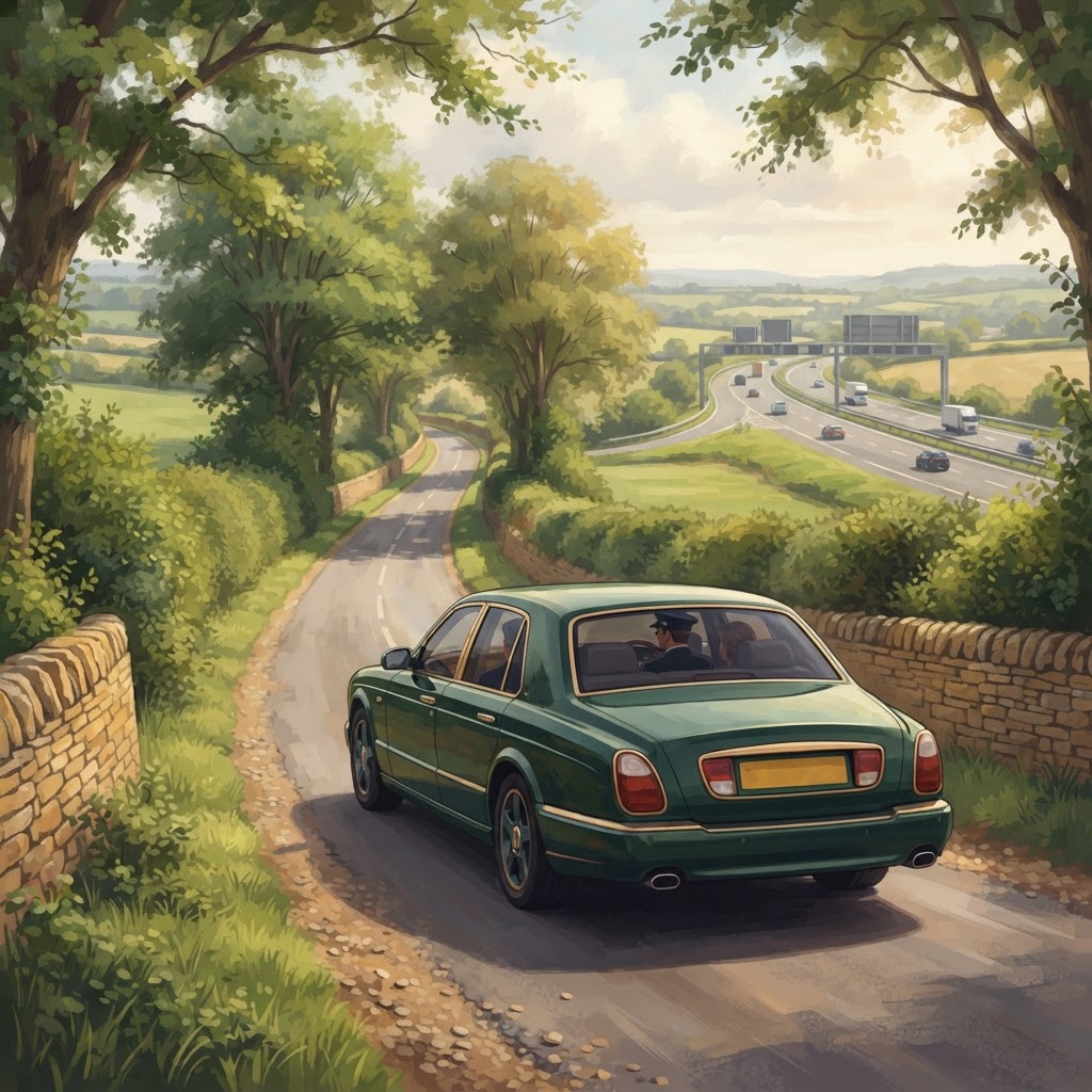 Illustration of a Cotswold chauffeur luxury car for private airport transfers between the Cotswolds and Gatwick